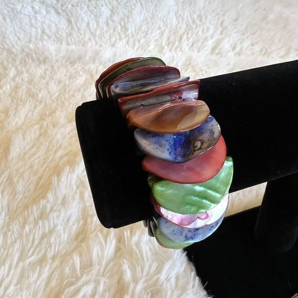 Abalone Shell Chunky Stretch Bracelet Iridescent Shell Mother of Pearl Multicolo - Picture 5 of 11